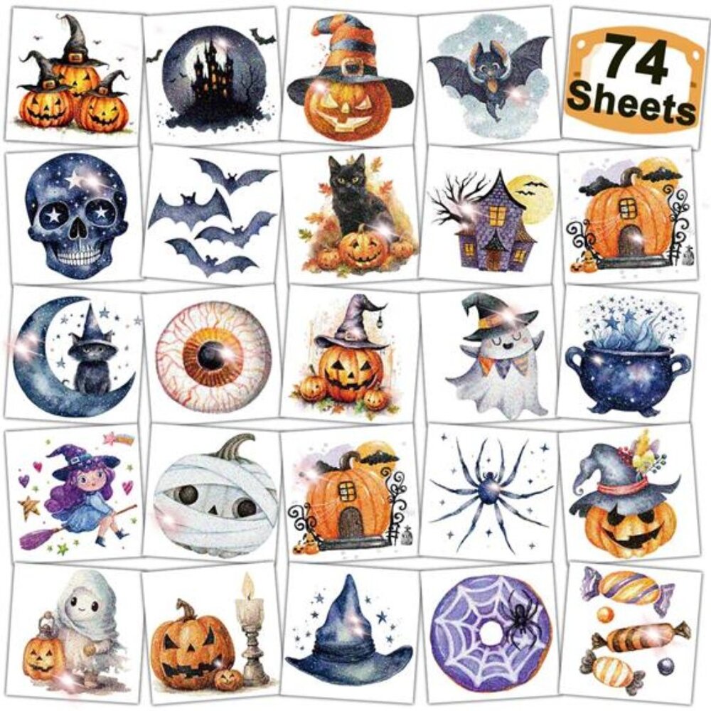 Glitter Halloween Temporary Tattoos for Kids - 74 Individually Sheets Glitter